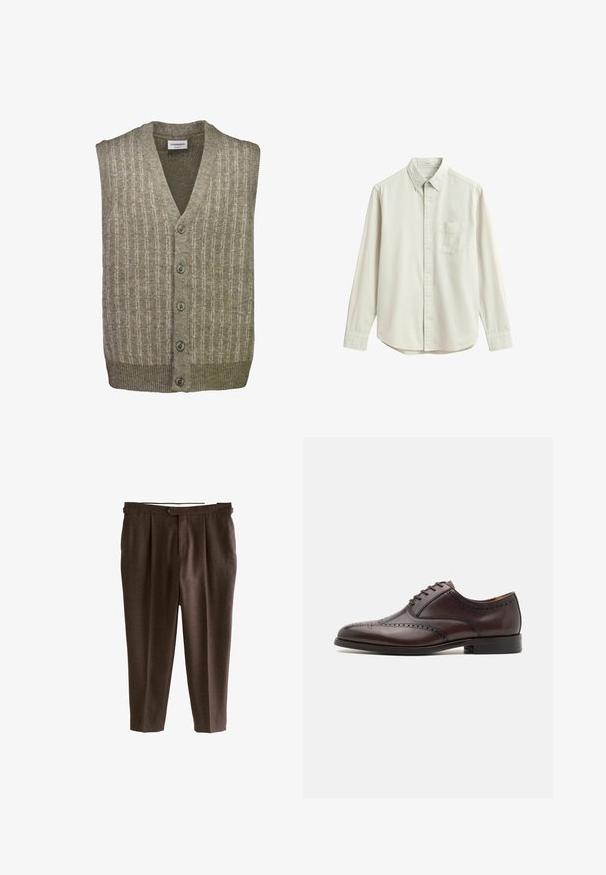 Knapåbnet uldvest uden ærmer med V-hals, subtilt lodret mønster i beige og lysebrune nuancer.; Beige skjorte med lange ærmer, knapper foran, en brystlomme foran og klassisk krave, vist fladt på en hvid baggrund.; Brune, plisserede bukser med lige ben-design, der har en enkelt knaplukning, lavet af tekstureret stof.; ALDO DONALD - Business sko - dark brown