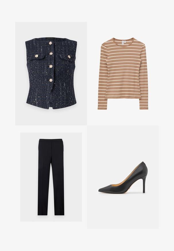 Gilet sans manches texturé bleu marine avec des boutons floraux ton or, deux poches à rabat, et des détails discrets en fil métallique.; Haut à manches longues en maille côtelée avec des rayures horizontales beige et blanches et un col rond.; Pantalon habillé noir coupe droite, taille plate et plis repassés, présenté sur un fond clair uni.; Escarpins noirs en cuir à bout pointu avec un talon aiguille, présentant une texture lisse et un design minimaliste. Intérieur doublé de couleur beige.
