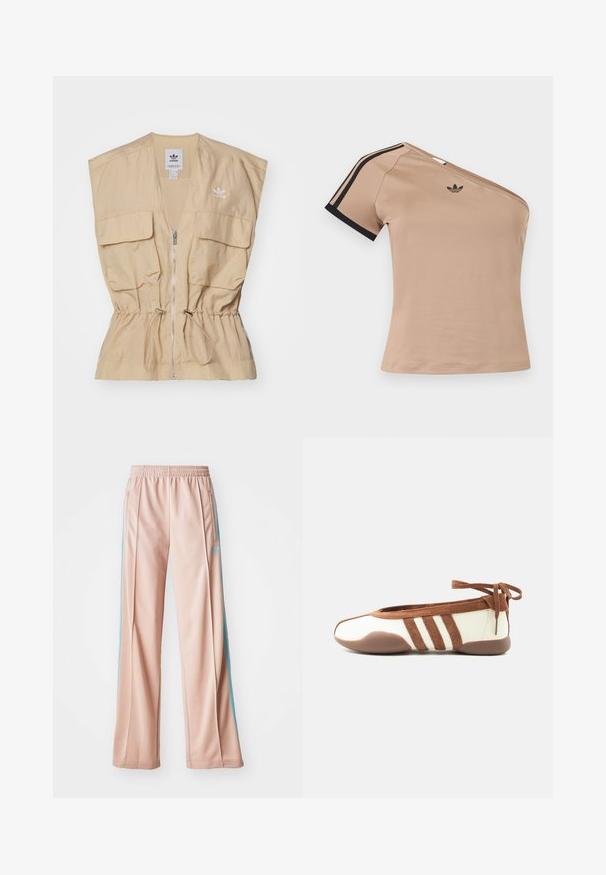 Beige vest med korte ærmer, der har lynlås foran, elastisk snor i taljen og to klaplommer. Tekstureret stof med logo detalje.; Beige én-skulder sportstop med sorte striber på kort ærme og lille sort Adidas-logo på brystet.; Lyserøde sportspants med afslappet pasform, der har blå sidestriber og en snoretræk i taljen. Fremstillet af glat, letvægtsstof.; Slank beige og brun balletflat med rundet tå, tre sidelister, blød sål og ankelbindelukning mod en ensfarvet hvid baggrund.