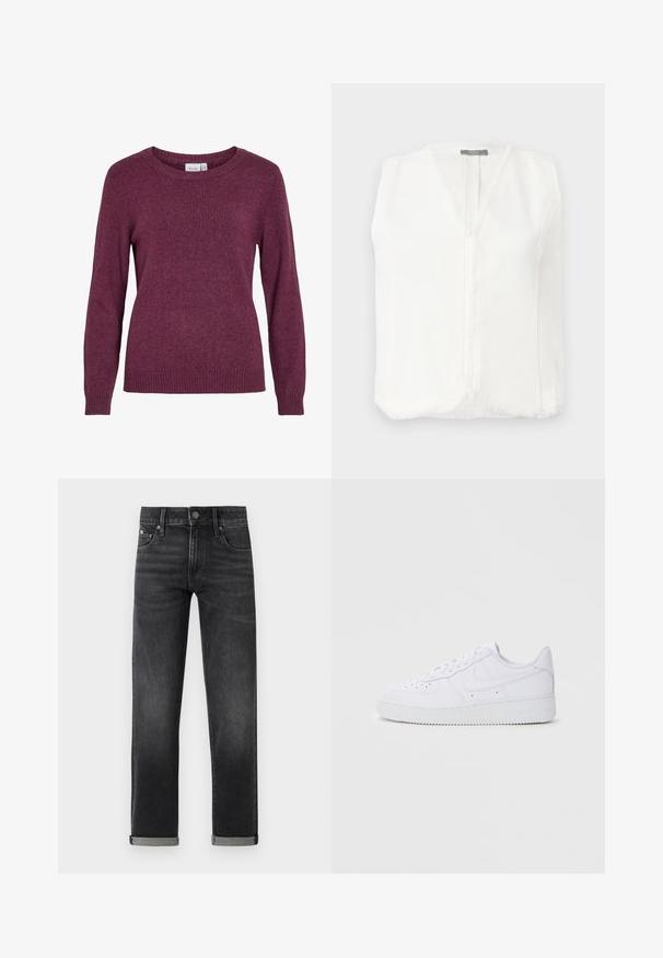 Witte mouwloze blouse met een V-hals, voorzien van franjes aan de randen en een centrale ritssluiting. Soepele, lichte stof.; Bordeaux gebreide sweater met een ronde halslijn, lange mouwen, ribgebreide manchetten en zoom. Zachte textuur met een subtiele, licht gemêleerde uitstraling.; Zwarte denim jeans met een rechte snit, voorzien van een knoopsluiting in de taille, traditionele vijf-pocket ontwerp, en opgerolde mouwen. Gladde textuur.; Witte Nike Air Force 1 sneakers met een leren bovenwerk, ronde neus, vetersluiting, gewatteerde kraag en textuurrubberzool.