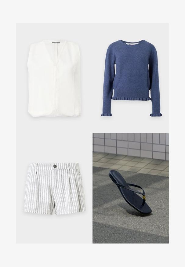 Hvid ærmeløs bluse med V-hals, der har en frynse detalje langs kanterne og en central lynlås til lukning. Glat, letvægtsstof.; Blå strikket sweater med diamantmønster, ribbet kant og flæseærmer. Rund halsudskæring og afslappet pasform.; Stribede shorts i lys grå og hvid, med knappelukning, plissee foran og et blødt, tekstureret stof.; Sort læder-flipflop med en guldfarvet dekoration spænde, hvilende på tekstureret belægning tæt på flisebelagt væg i udendørs omgivelser.