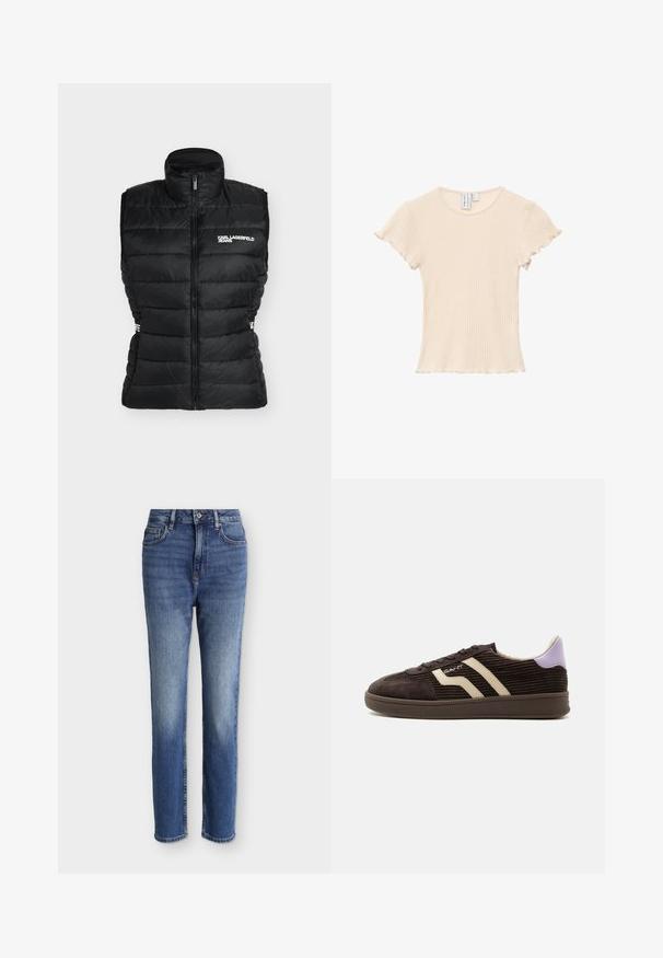 Must tikanditega varrukateta vest kõrge krae, eesmine lukk ja valge "KARL LAGERFELD JEANS" logo rinnal.; Beežikas soonikkoes lühikeste varrukatega pluus ümmarguse kaelusega ja volangikujuliste äärtega varrukatel ja alläärel, asetatud valgele taustale.; Keskmise sinise värvusega kõrge vöökohaga sirgete säärtega teksapüksid, esiosa taskud, vööaasad, nööpkinnitusega ja õlgadel ning põlvedel peened tuhmid detailid.; Tumepruun sametise tekstuuriga toss pruuni beežide küljeribade, paeltega disaini, lilla kandmispaneeli ja kummist tallaga valgel taustal.