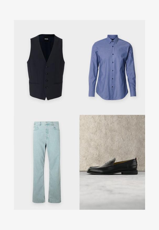 Gilet bleu marine avec un design en V, doté de six boutons et de deux poches latérales, fabriqué dans un tissu lisse et léger.; Chemise bleue à manches longues avec un col pointu et des boutons noirs sur le devant, présentée sur un fond blanc.; Jeans en denim bleu clair avec une coupe droite, cinq poches et une fermeture à un bouton. Finition avec des détails de couture subtils.; Mocassin pour homme en cuir noir avec un dessus embossé effet croco et un petit talon, présenté de profil sur un fond neutre.