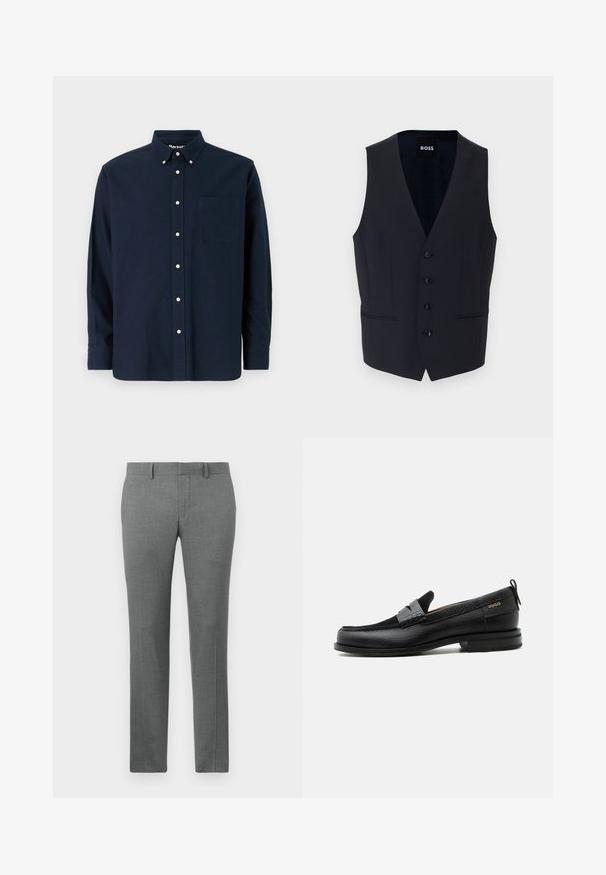 Gilet bleu marine avec un design en V, doté de six boutons et de deux poches latérales, fabriqué dans un tissu lisse et léger.; Chemise bleu marine à manches courtes, en coton, avec un col pointu, une poche frontale et huit boutons assortis le long de la patte de boutonnage.; Pantalons gris ajustés avec une texture lisse, design à jambe droite, passants de ceinture et un motif chevron subtil sur l'ensemble.; Mocassin en cuir noir avec détail de bride grise, talon bas et semelle texturée, marqué "HUGO" en or sur le côté.