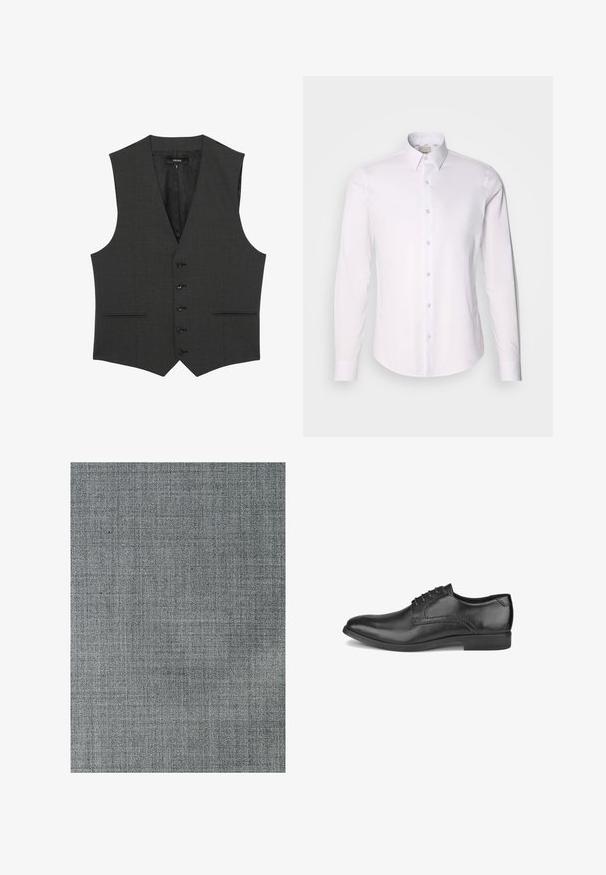 Reiss REGULAR FIT - PROMISE - Jakkesæt veste - grey; Hvid langærmet skjorte lavet af glat stof med skjortekrave, der har fuld knaplukning og afrundet nederste kant.; Grå stof med et struktureret, vævet mønster. Overfladen er glat med subtile tonevariationer og en fin gridstruktur.; Sort læder herre festsko med snørebånd, lav hæl og glat poleret finish vist fra ydersiden.