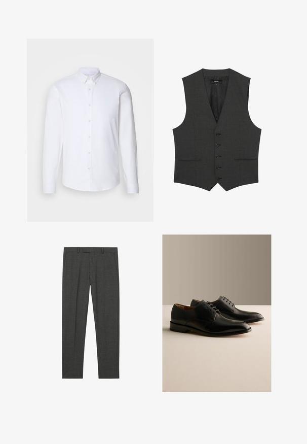 Reiss REGULAR FIT - PROMISE - Anzugweste - grey; Weißes Hemd mit langen Ärmeln und Knopfleiste aus glattem Stoff, mit klassischem Kragen, acht Knöpfen auf der Vorderseite und normalen Manschetten.; Dunkelgraue, maßgeschneiderte Anzughose mit Gürtelschlaufen, Vordertaschen und schmalem, geradem Schnitt, flach auf weißem Hintergrund dargestellt.; Paar schwarze formelle Schnürschuhe aus Leder, die auf einer hellen Oberfläche mit einfachem beigen Hintergrund präsentiert werden.