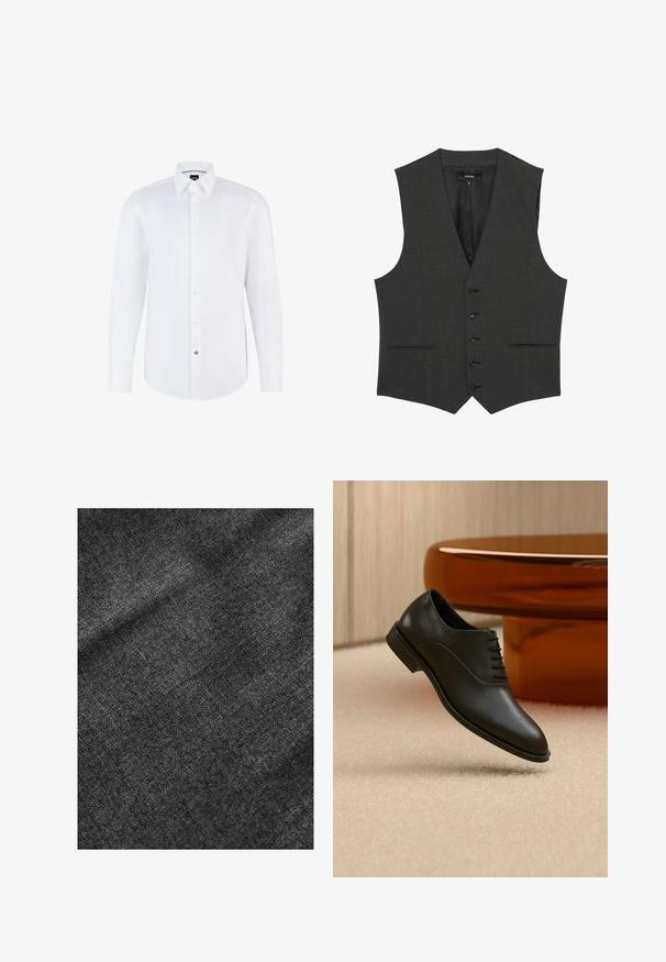 Reiss REGULAR FIT - PROMISE - Gilet - grey; Witte lange mouwen overhemd gemaakt van gladde stof met een knoopsluiting aan de voorkant, puntige kraag en gebogen zoom. Opvallende merkknopaccenten.; Geweven zwarte stof met een zachte, licht glanzende oppervlakte, die een subtiel weefpatroon en een soepele val vertoont.; Zwarte gepolijste leren veterschoen zweeft boven een beige tapijt, met een grote ronde glazen tafel in amberkleur op de achtergrond.