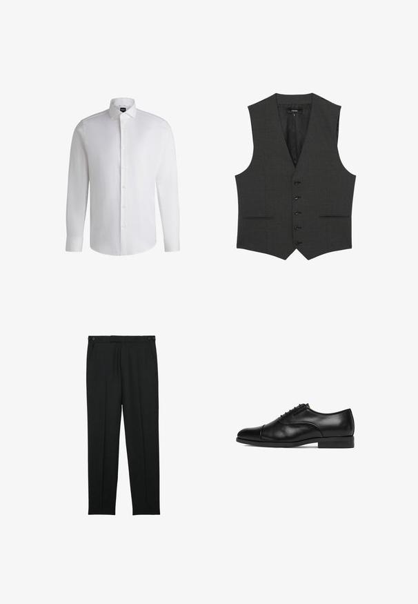 Reiss REGULAR FIT - PROMISE - Chaleco de traje - grey; Camisa blanca de manga larga hecha de algodón suave, con un cuello clásico, botonera completa y puños abotonados. Diseño minimalista.; Pantalones negros a medida con bolsillos laterales y detalles de botones en la cintura, con pierna recta y pliegue delantero.; Zapato de vestir de cuero negro con una textura suave, punta redondeada y cierre de cordones. Presenta un detalle sutil de costura y un tacón cuadrado bajo.