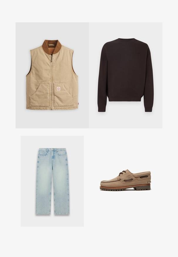 Chaleco sin mangas beige con cremallera y cuello acanalado marrón, que cuenta con dos bolsillos frontales y una pequeña etiqueta en forma de parche en el bolsillo derecho.; Sudadera de color marrón oscuro hecha de mezcla de algodón, con cuello redondo, puños y dobladillo acanalados, y un logo sutil en el pecho.; Jeans de mezclilla de cintura alta en azul claro, con un diseño de pierna recta, textura desgastada y estilo clásico de cinco bolsillos.; Zapato náutico beige de ante con cordones, suela resistente, cordones de cuero y cuello acolchado, mostrando el logo de Timberland en el lateral.