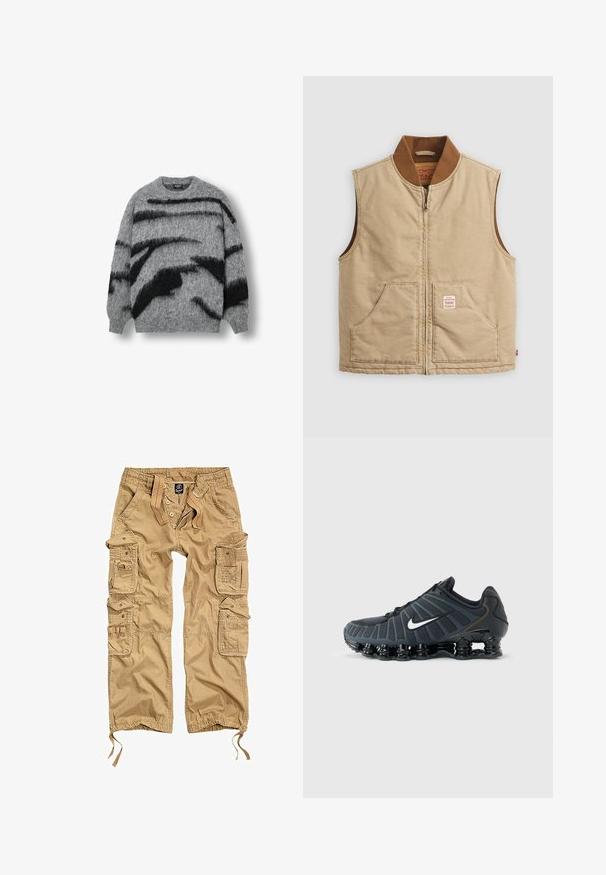 Gilet sans manches couleur beige avec col côtelé marron et deux poches avant, présentant une petite étiquette en patch sur la poche droite.; Pull en maille grise avec une texture douce, de larges rayures abstraites noires, col rond et bords-côtes aux poignets et à l'ourlet.; Pantalons cargo kaki avec plusieurs poches latérales, fermeture à bouton, taille élastique et poignets ajustables. Fabriqués en tissu durable.; Chaussure de course Nike noire avec logo swoosh blanc, semelle segmentée rembourrée et tige en maille respirante sur fond gris uni.