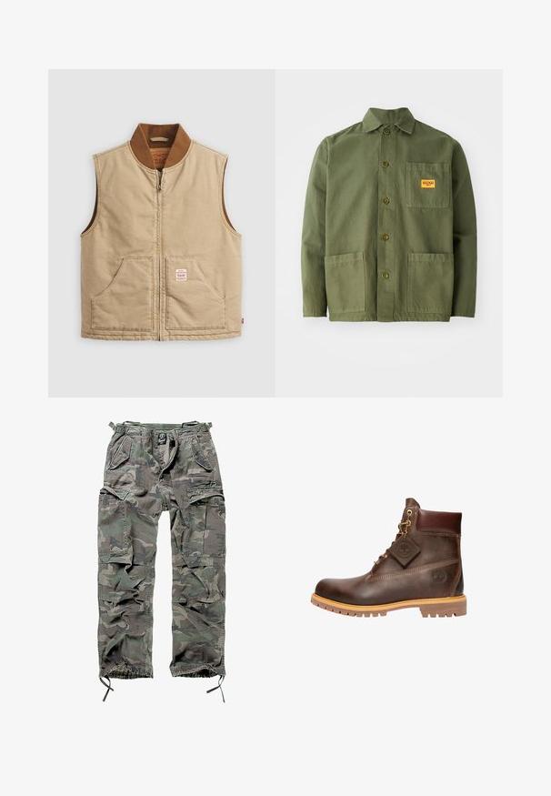 Chaleco sin mangas beige con cremallera y cuello acanalado marrón, que cuenta con dos bolsillos frontales y una pequeña etiqueta en forma de parche en el bolsillo derecho.; Chaqueta verde oliva de algodón pesado, con cuello puntiagudo, botones frontales y dos grandes bolsillos de parche. Incluye un pequeño parche con el logo.; Pantalones cargo camuflados en verde y gris, con múltiples bolsillos, cintura elástica, puños de tobillo ajustables y un corte relajado.; Botín de cuero marrón hasta el tobillo con punta redonda, suela resistente, herrajes en tono dorado y parte superior texturizada. Incluye una etiqueta con el logo adjunta.