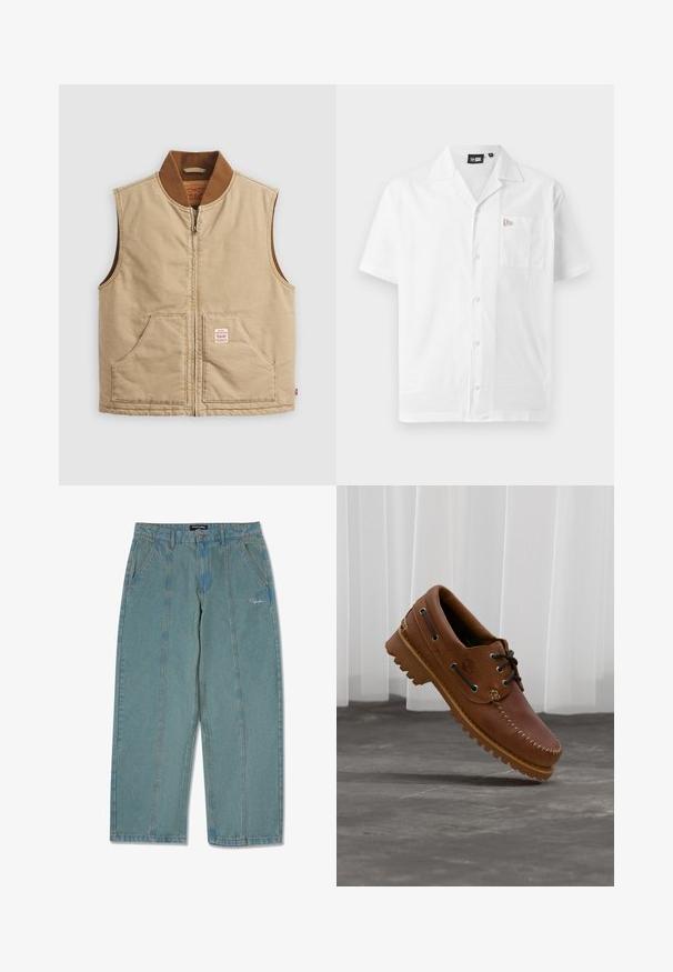 Beige mouwloze zip-up vest met een bruin geribbeld kraag en twee voorzakken, voorzien van een klein label op de rechterzak.; Witte korte mouwen shirt van gladde stof; heeft een puntige kraag, knoopsluiting en een linkerkant borstzak met logo detail.; Lichtblauwe, niet-verweerde denim broek met een recht model, voorzien van voorzakken en een subtiele geborduurde logo nabij de taille.; Bruine leren bootschoen met zwarte veters, beige stiksel en een robuuste zool, zwevend boven een grijze betonnen vloer.