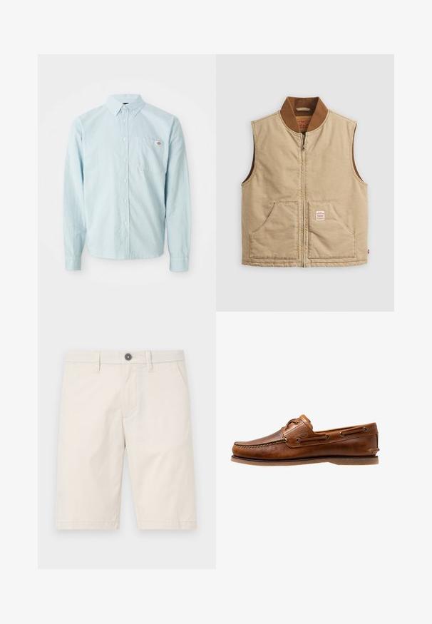 Beige ärmellose Zip-Weste mit braunem Rippkragen und zwei Fronttaschen, mit einem kleinen Patch-Label auf der rechten Tasche.; Helles blaues Langarm-Hemd mit Knopfleiste, Knopfkragen und Brusttasche, die mit einem kleinen roten und weißen Logopatch versehen ist.; Helle beige Shorts aus Baumwolle mit geradem Schnitt, zwei seitlichen Taschen und einem einzelnen schwarzen Knopf am Bund.; Braune Lederbootsschuhe mit gesteppten Akzenten, metallischen Ösen, einer erhöhten Naht an der Zehe und einer flachen Gummisohle.