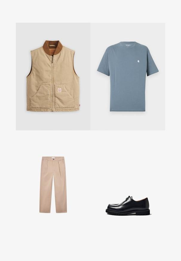 Beige mouwloze zip-up vest met een bruin geribbeld kraag en twee voorzakken, voorzien van een klein label op de rechterzak.; Blauw Carhartt T-shirt met korte mouwen, ronde hals en klein wit logo op de linkerborst, maat large.; Khaki broek van katoen met een recht gesneden ontwerp, voorzien van twee zijzakken, een knoopsluiting en een klassieke pasvorm.; Zwarte leren schoen met een ronde neus, vetersluiting, gestikte details en een gestructureerde rubberen zool. Gladde oppervlakte met een glanzende afwerking.