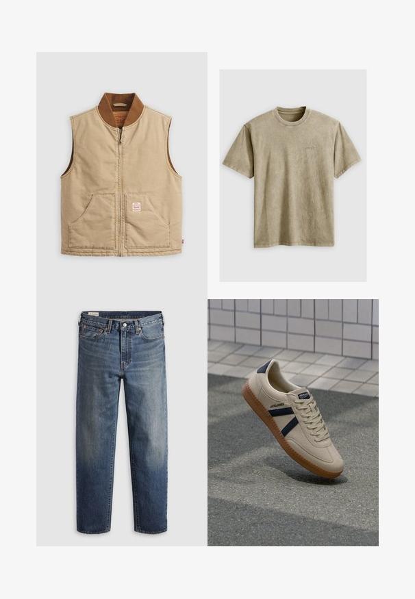 Beige ärmellose Zip-Weste mit braunem Rippkragen und zwei Fronttaschen, mit einem kleinen Patch-Label auf der rechten Tasche.; Helles braunes T-Shirt mit kurzen Ärmeln und Rundhalsausschnitt, aus weichem Stoff gefertigt. Verfügt über ein kleines, gesticktes Logo auf der Brust.; Dunkelblaue Jeans aus Denim mit lockerem Sitz, geraden Beinen, Fünf-Taschen-Design und dezentem Used-Look an den Oberschenkeln. Silberner Knopf und Nieten.; Beige Sneaker mit strukturierter Oberfläche, dunkelblauen Streifen und Gummisohle. Verfügt über eine gepolsterte Zunge und ein traditionelles Schnürsystem für einen sicheren Sitz.