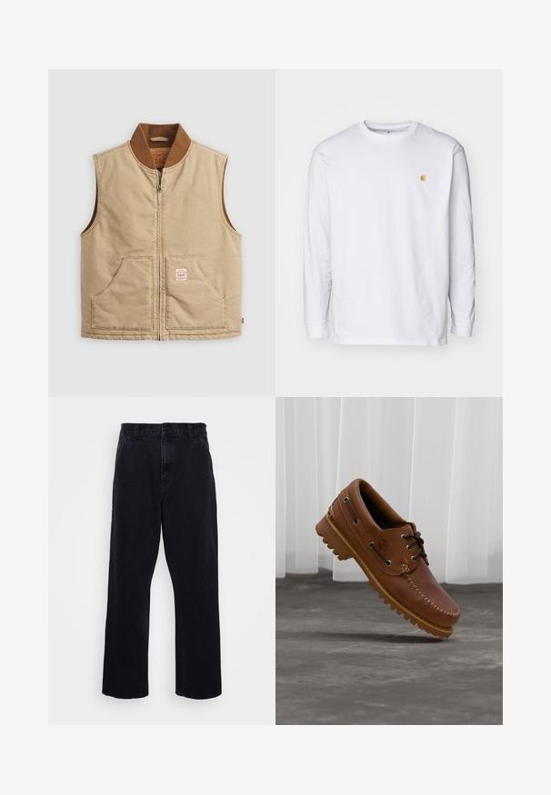 Beige ærmeløs lynlåsvest med brun ribbet krave og to frontlommer, der har et lille mærke på den højre lomme.; Hvid langærmet t-shirt lavet af bomuld. Har et lille gyldent logo på brystet og en rund halsudskæring. Enkel design og standard pasform.; Sorte denimbukser med lige ben, der har en knap- og lynlåslukning, bæltestropper og minimale syninger.; Brun læder bådsko med sorte snørebånd, beige syninger og en robust sål, hængende over en grå betongulv.