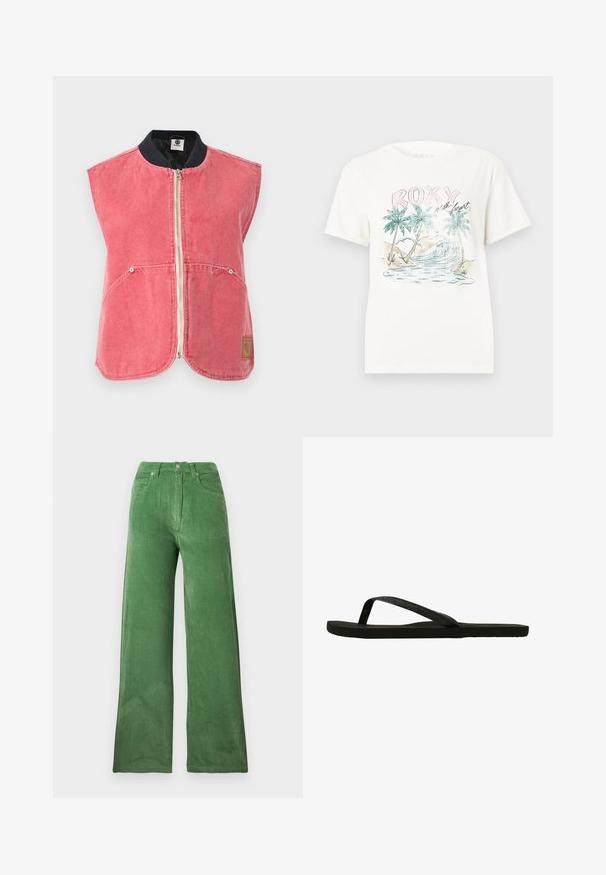Ærmeløs, falmet lyserød vest med lynlås, forlommer, sort ribstrikket krave og lille rektangulært logoemblem nederst på højre front.; Hvid T-shirt med et tropisk motiv af palmer, havets bølger og teksten "ROXY with heart" i pastel farver på fronten.; Grønne fløjlsbukser med bred benvidde og struktureret finish, fem lommer og metal knaplukning. Lodrette striber fremhæver stoffet.; Sort flip-flop med en struktureret rem og flad sål. Remmen har en subtil glans. Enkel design, letvægts og fleksibel form.