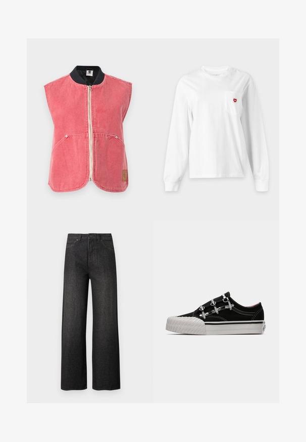 Veste sans manches rose délavé avec fermeture éclair, poches avant, col côtelé noir et petit patch logo rectangulaire sur le bas à droite.; T-shirt blanc à manches longues avec col rond et poche poitrine, présentant un petit logo rouge en forme de cœur sur le côté droit.; Jean noir taille haute à jambes larges avec poches avant, fermeture à boutons et passants pour ceinture sur un fond clair uni.; Baskets en toile noires avec accessoires en métal argenté, dotées d'une languette rembourrée, d'une semelle en caoutchouc blanche et d'un embout arrondi strié. Couture contrastante sur les côtés.