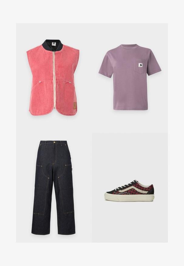 Ärmellose, verblasst pinke Reißverschlussweste mit Fronttaschen, schwarzem Rippenkragen und kleinem rechteckigem Logoaufnäher unten rechts vorne.; Lila Baumwoll-T-Shirt mit Rundhalsausschnitt, kurzen Ärmeln und einer Brusttasche links, die ein Logo-Label trägt. Glatte Textur, lässige Passform.; Dunkelblaue Jeans mit weitem Bein, mehreren Vordertaschen, kontrastierenden orangefarbenen Nähten und einem Knopfverschluss an der Taille.; Vans OLD SKOOL 36 UNISEX - Sneaker low - bordeaux
