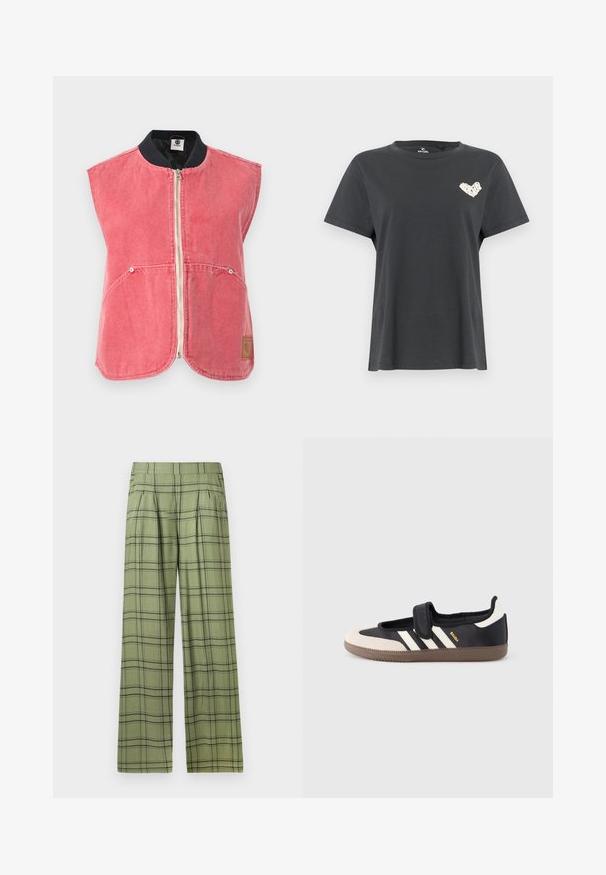 Ärmellose, verblasst pinke Reißverschlussweste mit Fronttaschen, schwarzem Rippenkragen und kleinem rechteckigem Logoaufnäher unten rechts vorne.; Schwarzes T-Shirt mit kurzen Ärmeln und Rundhalsausschnitt, links auf der Brust mit kleinem weißem herzförmigem Design.; Grüne weit geschnittene Hose mit schwarzem Karomuster und hohem Bund, vorderen Falten und Seitentaschen.; Schwarzer und beiger Sneaker mit Klettverschluss, drei weißen Streifen an der Seite und einer strukturierten braunen Gummisohle. Markenlogo sichtbar.