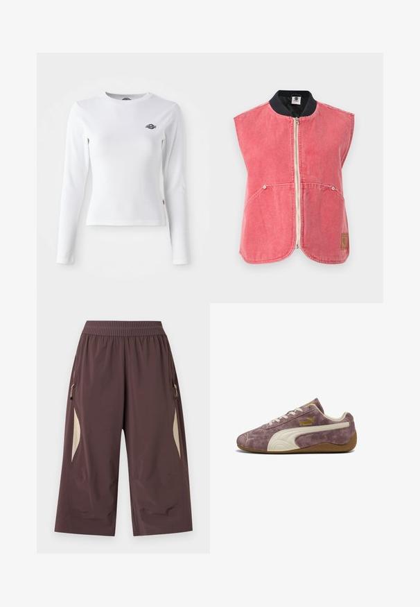 Mouwloze, vervaagde roze vest met ritssluiting, voorzakken, zwarte geribbelde kraag en een kleine rechthoekige logopatch aan de onderkant aan de rechtervoorkant.; Witte longsleeve shirt gemaakt van ribbelstof. Bevat een klein zwart logo op de borst. Aangesneden ontwerp met een ronde hals.; Bruine brede cropped broek met elastische tailleband en beige zijpanelen, met ritszakken aan beide zijden.; Paarse suède Puma sneaker met witte logostreep, witte veters, gouden Puma-tekst en bruine rubberen zool, zijaanzicht op witte achtergrond.