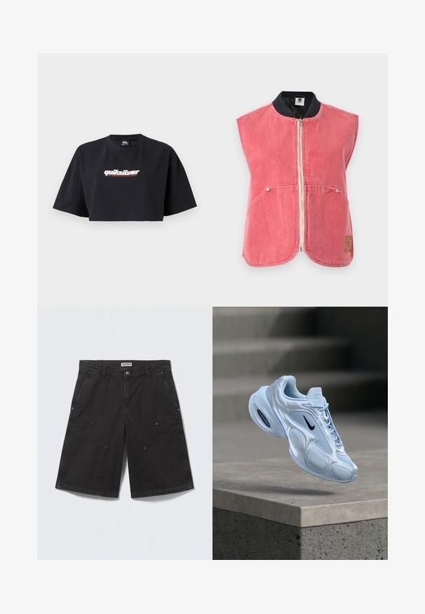 Veste sans manches rose délavé avec fermeture éclair, poches avant, col côtelé noir et petit patch logo rectangulaire sur le bas à droite.; T-shirt noir à crop top, manches courtes, en coton. L'avant affiche le logo "Quiksilver Boarding Company" en blanc et rouge.; Shorts noirs mi-genoux avec grandes poches plaquées à l'avant, fermeture par bouton métallique, passants pour ceinture et poches latérales, posés à plat sur un fond clair.; Chaussure de sport bleu clair avec des panneaux en mesh, une silhouette arrondie, des accents texturés et un logo noir. Comprend un amorti à air visible dans la semelle.