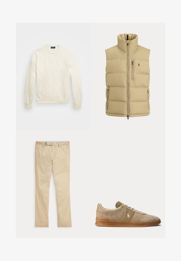 Beige dunvest med høj krave, lynlås foran, en brystlomme med lynlås, to sidelommer med lynlås og lille broderet logo på brystet.; Cremefarvet crewneck sweatshirts lavet af blødt stof med lange ærmer, ribbetrukne manchetter og en tætsiddende talje. Lille logo på forsiden.; Beige bukser med lige ben, bæltestropper og frontlynlås, lagt fladt mod en hvid baggrund.; Beige ruskind og læder lav-top sneaker med gummisål, hvide snørebånd og Polo-logo på siden og sålen.