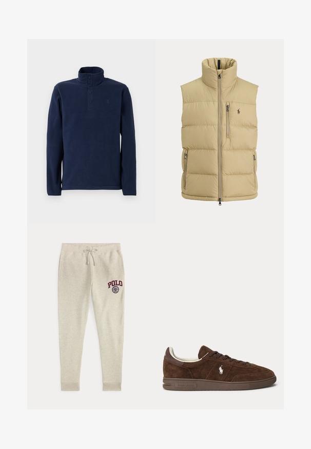 Beige Steppweste mit hohem Kragen, Frontreißverschluss, einer Brusttasche mit Reißverschluss, zwei seitlichen Reißverschlusstaschen und kleinem gesticktem Logo auf der Brust.; Marineblauer Fleece-Pullover mit hohem Kragen und Knopfleiste mit vier Knöpfen. Verfügt über lange Ärmel und ein kleines Logo auf der Brust. Weiche Textur.; Beige Sweathose mit Kordelzug und Seitentaschen sowie rotem "POLO"-Logo und Emblem am oberen linken Oberschenkel.; Brauner Wildleder-Low-Top-Sneaker mit dunkelbrauner Sohle, Schnürsenkeln und weißem besticktem Polo-Logo an der Seite.
