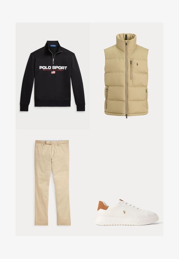 Beige Steppweste mit hohem Kragen, Frontreißverschluss, einer Brusttasche mit Reißverschluss, zwei seitlichen Reißverschlusstaschen und kleinem gesticktem Logo auf der Brust.; Schwarzer Zip-Hoodie aus weichem Stoff mit großem weißen "POLO SPORT"-Logo, roten Akzenten und einer kleinen amerikanischen Flagge.; Beige gerade Hose mit Gürtelschlaufen und einem vorderen Reißverschluss, flach auf weißem Hintergrund gelegt.; Weißer Sneaker mit niedrigem Schaft, beige Fersenlasche, weißen Schnürsenkeln und kleinem, besticktem Polospieler-Logo an der Seite über einer dicken Sohle.