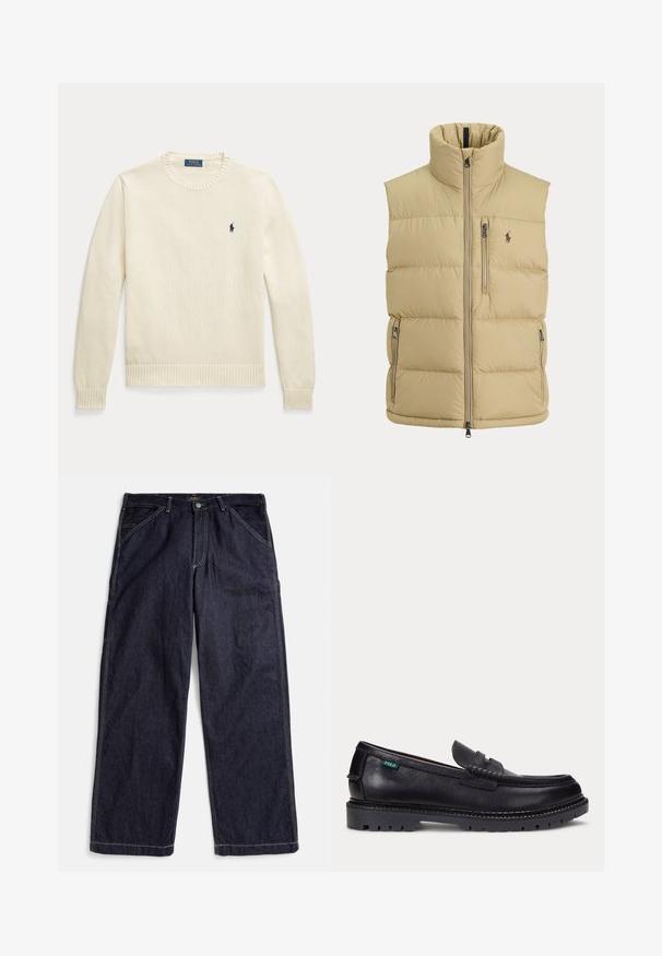 Beige dunvest med høj krave, lynlås foran, en brystlomme med lynlås, to sidelommer med lynlås og lille broderet logo på brystet.; Kremfarvet strikket langærmet sweater med ribstrikkede manchetter og kant, med et lille navy Polo Ralph Lauren-logo på brystet.; Mørkeblå denimjeans med lige ben, kontrastsyninger, bæltestropper og forlommer, lagt fladt på en hvid baggrund.; Sort læderloafer med tyk, mønstret sål og lille grøn "Polo"-mærke på ydersiden nær hælen.
