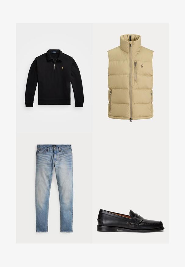 Beige dunvest med høj krave, lynlås foran, en brystlomme med lynlås, to sidelommer med lynlås og lille broderet logo på brystet.; Sort pullover sweatshirt med en kvart lynlås, ribbede manchetter og kant, der har et lille broderet guld logo på venstre bryst.; Lys blå denimjeans med en falmet finish, fem-lomme design og kontraststing. Har lynlås og bæltesløjfer. Lige pasform.; Sort læderloafer med lav hæl og pennyremdetalje, vist fra siden på en lysegrå baggrund.
