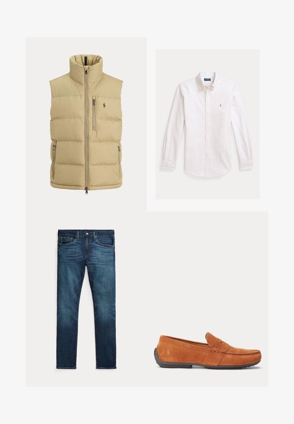 Veste matelassée beige avec col montant, fermeture éclair à l'avant, une poche poitrine zippée, deux poches latérales zippées et petit logo brodé sur la poitrine.; Chemise blanche à manches longues avec fines rayures verticales et petit logo brodé sur la poitrine, présentée à plat sur fond clair.; Jean slim bleu foncé avec bouton et fermeture éclair à l'avant, cinq poches et une subtile décoloration sur l’avant des cuisses et des genoux.; Mocassin homme en daim marron avec détails de couture, une fente pour pièce sur le dessus et une semelle en caoutchouc foncé.
