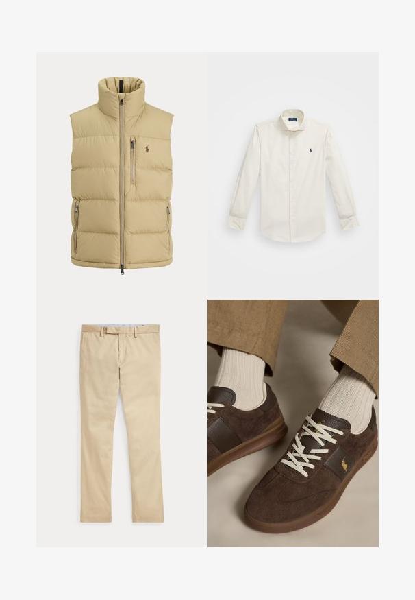 Beige Steppweste mit hohem Kragen, Frontreißverschluss, einer Brusttasche mit Reißverschluss, zwei seitlichen Reißverschlusstaschen und kleinem gesticktem Logo auf der Brust.; Weißes Langarmhemd aus Baumwolle, mit Button-Down-Kragen, einer einzelnen Brusttasche und einem kleinen navy Logo auf der linken Seite.; Beige gerade Hose mit Gürtelschlaufen und einem vorderen Reißverschluss, flach auf weißem Hintergrund gelegt.; Braune Veloursleder-Sneaker mit weißen Schnürsenkeln, getragen mit beigen gerippten Socken und hellbraunen Hosen.