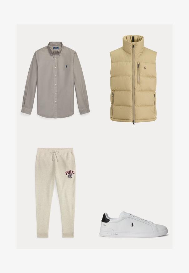 Beež padi-vest, kõrge kraega, esikinnisega, ühe rinnatasku tõmblukuga, kahe küljetasku tõmblukuga ja väikese tikitud logoga rinnal.; Helehall pikkade varrukatega nööpidega särk kraega ja sinise Polo Ralph Lauren tikitud logoga vasakul rinnal.; Beežid paelaga dressipüksid küljetaskutega ning punase "POLO" logoga ja embleemiga ülemisel vasakul reiel.; Valge madala säärega toss musta kandumärgiga, paelte ja Polo Ralph Laureni logoga küljel, reljeefsete talladetailidega.