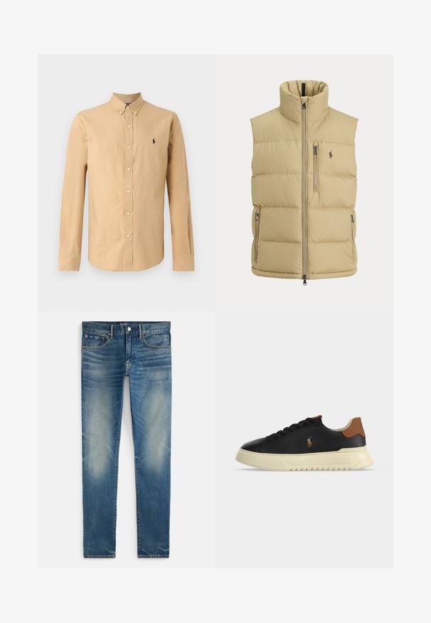 Beež padi-vest, kõrge kraega, esikinnisega, ühe rinnatasku tõmblukuga, kahe küljetasku tõmblukuga ja väikese tikitud logoga rinnal.; Kerged varrukatega nööbiga särk heleses puuvillas. Omab teravat kraed ja väikest musta logo vasakul rinnal. Sile tekstuur.; Sinised tuhm koosseisuga kitsad teksad, nööbi ja tõmbluku kinnitusega, esikülje taskud ja väike münditasku, esitage valgel taustal lahtiselt.; Mustad madalat nahast tossud beežide tallaga, pruun kanna kleep ja väike tikandiga polomängija logo küljel.