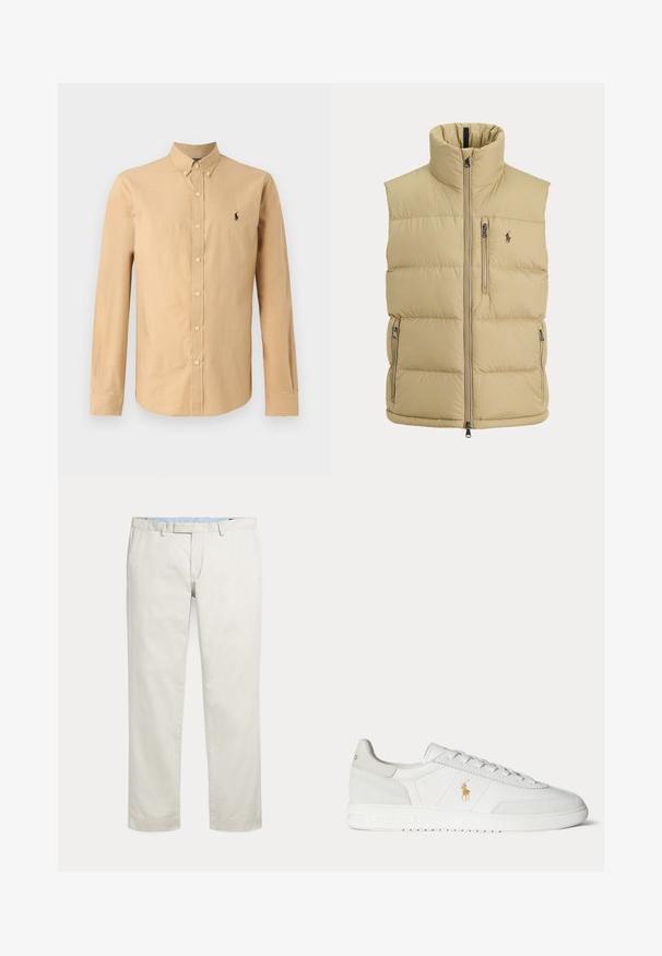Beige gewatteerd vest met hoge kraag, ritssluiting aan de voorkant, één borstzak met rits, twee zijritszakken en klein geborduurd logo op de borst.; Langarm overhemd van lichtbeige katoen. Heeft een puntige kraag en een klein zwart logo op de linkerborst. Gladde textuur.; Rechte broeken in roomkleur met riemlussen en een verborgen voorsluiting op een effen achtergrond.; Witte lage sneaker met vetersluiting, gouden Polo Ralph Lauren-logo aan de zijkant en een gestructureerde zool op een effen achtergrond.
