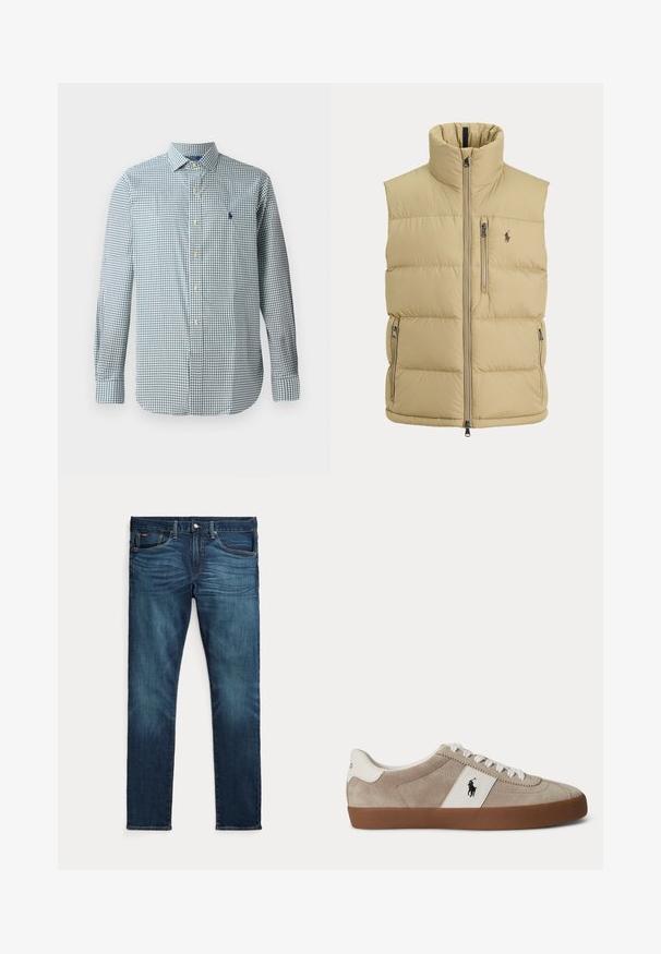 Beige Steppweste mit hohem Kragen, Frontreißverschluss, einer Brusttasche mit Reißverschluss, zwei seitlichen Reißverschlusstaschen und kleinem gesticktem Logo auf der Brust.; Hemd mit Knöpfen aus blau-weißer Karomuster, lange Ärmel, klassischer Kragen, mit einem kleinen gestickten Emblem auf der Brust.; Dunkelblaue Slim-Fit-Jeans mit vorderem Knopf und Reißverschluss, fünf Taschen sowie dezenter Verfärbung an den vorderen Oberschenkeln und Knien.; Beiger Wildleder-Sneaker mit niedrigem Schaft, weißen Schnürsenkeln, weißem Lederakzent mit schwarzem Pferdelogo und brauner Gummisohle.