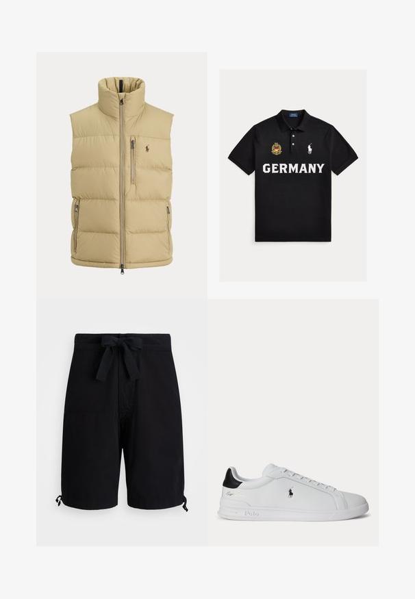 Beige gewatteerd vest met hoge kraag, ritssluiting aan de voorkant, één borstzak met rits, twee zijritszakken en klein geborduurd logo op de borst.; Zwart poloshirt met "GERMANY" in het wit, Polo Ralph Lauren-logo op de rechterborst, en een goud-zwart geborduurd wapen op de linkerborst.; Zwarte zwemboxers van lichtgewicht stof, voorzien van een trekkoord in de taille en verstelbare details aan de zoom.; Witte lage sneaker met zwarte hieltab, veters en Polo Ralph Lauren-logo aan de zijkant, met gegraveerde zooldetails.