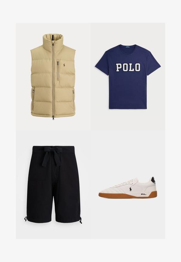 Beige Steppweste mit hohem Kragen, Frontreißverschluss, einer Brusttasche mit Reißverschluss, zwei seitlichen Reißverschlusstaschen und kleinem gesticktem Logo auf der Brust.; Dunkelblaues T-Shirt aus Baumwolle mit einem großen weißen "POLO"-Grafik, Rundhalsausschnitt und kurzen Ärmeln.; Schwarze Badehose aus leichtem Stoff, mit einem Kordelzug an der Taille und verstellbaren Toggle-Details an den Säumen.; Weißer Sneaker mit niedrigem Schaft, brauner Gummisohle, schwarzem Polo Ralph Lauren-Logo an der Seite und "RL"-Schriftzug im Fersenbereich.