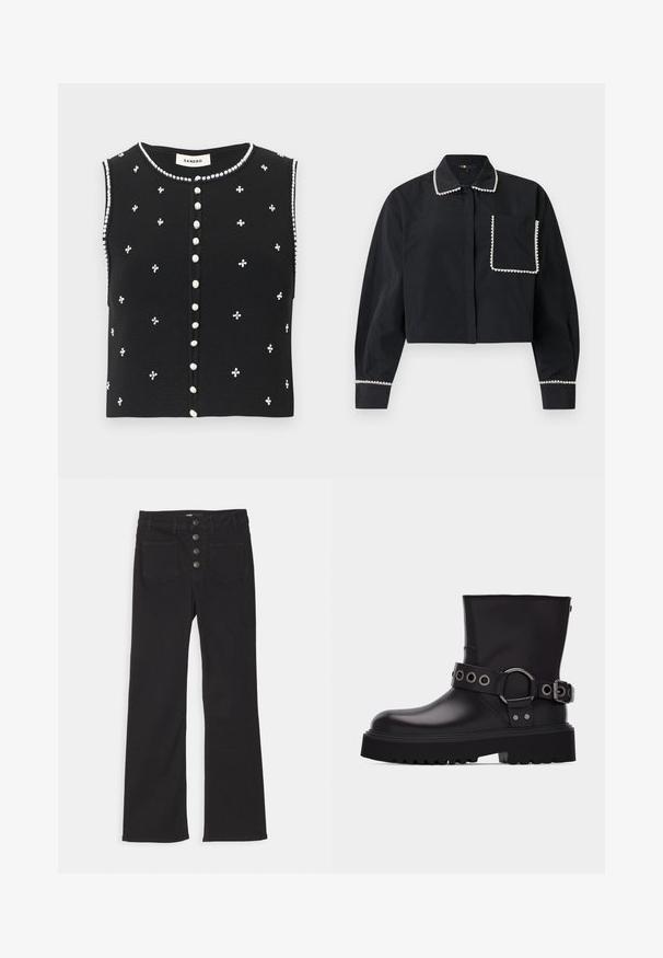Zwart mouwloos gebreid vest met ronde hals, parelknopen aan de voorkant en kleine clusters van parelversieringen verspreid over de voorkant.; Zwart cropped shirt met lange mouwen, voorzien van een borstzak, kraag en manchetten, afgezet met witte parelachtige kraaltjes.; Zwarte denim flared jeans met een hoge taille, vijf zakken en een sluiting met een voorkant met vier metalen knopen.; Zwarte leren laars tot halverwege de kuit met dikke profielzool, decoratieve riem met zilverkleurige metalen oogjes en gesp aan de zijkant.