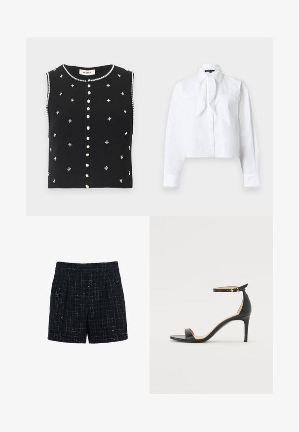 Veste en maille noire sans manches avec col rond, boutons en perles sur le devant, et petits embellissements en grappes de perles dispersés sur le devant.; Blouse blanche à manches longues avec col pointu, détail de nœud à l'avant, poche poitrine et bordure en dentelle sur le col et les poignets.; Shorts en tweed noir avec un motif à carreaux intégrant des fils argentés, devant plissé et coupe ajustée. Texture lisse et longueur mi-cuisse.; Sandale à talons hauts en cuir noir avec une lanière de cheville. Présente une texture lisse, un bout ouvert et un talon fin. Détail de boucle en ton doré.