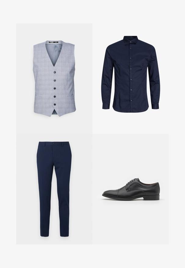 Selected Chaleco - blue; Camisa de botones de manga larga color azul marino, de tela de algodón, con cuello, cierre frontal con botones, textura suave, sin patrones ni acentos notables.; Pantalones de vestir color azul marino con diseño de pierna recta, hechos de un tejido suave. Cuentan con cierre frontal de botón y dos bolsillos laterales.; Call it Spring FITZWILLIAM - Zapatos de vestir con cordones - black