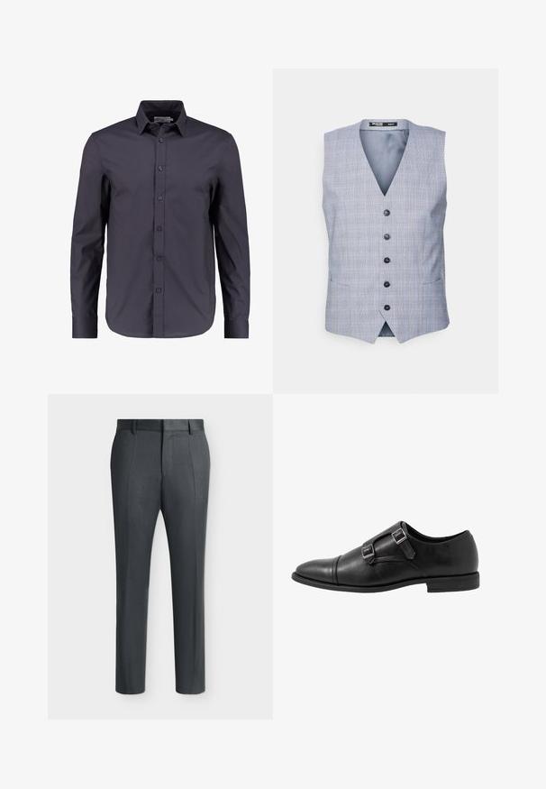 Selected Vest - blue; Mørk navy blå langærmet skjorte lavet af glat bomuld, med knaplukning fortil, klassisk krave og en skræddersyet pasform.; Mørkegrå formelle bukser med bæltestropper og pressekiler, vist på en ensfarvet lys baggrund.; Sorte læder monk strap sko med to sølvspænder, toe cap design, rund tå og lavprofil gummisål. Glat tekstur, elegant silhuet.