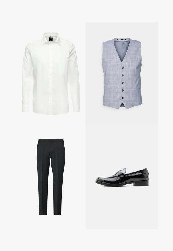 Selected Weste - blue; Weißes Langarmhemd, knöpfbarer Ausschnitt, klassischer Kragen, glattes Baumwollgewebe, leicht, mit dezenten Nähten und ohne Muster.; Schwarze maßgeschneiderte Herrenhose mit Gürtelösen und Bügelfalte, von vorne auf weißem Hintergrund dargestellt.; Schwarzer Lackleder-Herrenschuh mit niedrigem Absatz, rundem Zehenbereich und Riemendetail über dem Spann vor weißem Hintergrund.