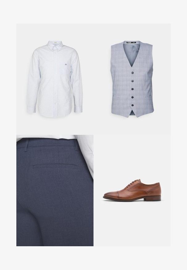Selected Veste sans manches - blue; Chemise à carreaux vichy bleu clair à boutons avec manches longues, col et petit logo sur la poitrine. Fabriquée en coton, avec une texture lisse.; Pantalon bleu marine sur mesure en tissu texturé, avec un devant plat, une poche arrière discrète et des lignes épurées. Sans accessoires ni ornements visibles.; ALDO ABAWIENFLEX - Derbies - cognac