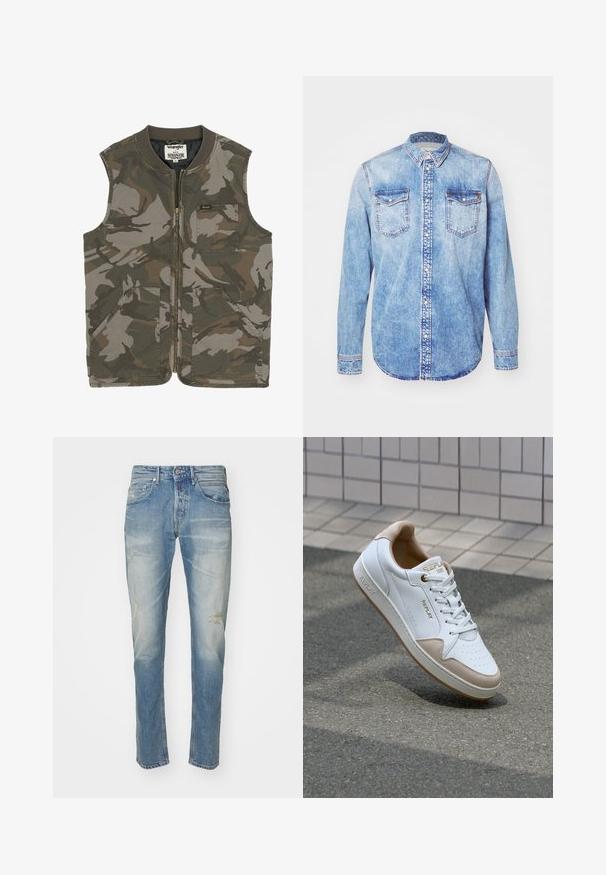 Camouflagevest med lynlås foran, ribbet krave, to forlommer og en lille logo-badge. Fremstillet af et holdbart stof.; Lysblå denimskjorte med lange ærmer, knap-ned krave, to brystlommer og kontrastsyetning. Rundet kant og klassisk pasform.; Lyseblå denimjeans med falmet finish, diskret slid ved knæene, lige ben-design, fem-lommers stil og metalknaplukning.; Hvide lædersneakers med beige ruskindsdetaljer, flade snørebånd, perforeret tåboks og guldlogo på tungen og siden.