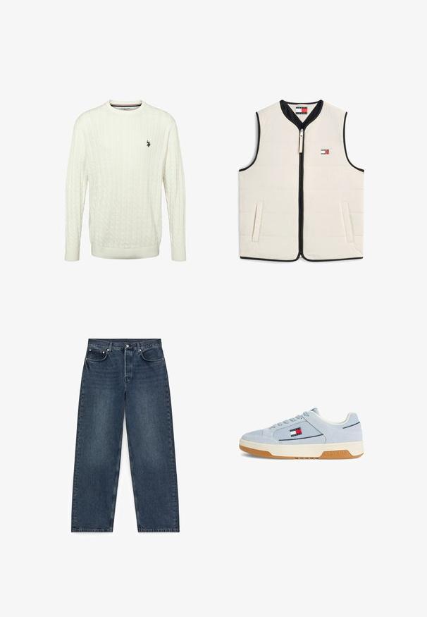 Veste matelassée sans manches beige avec bordure noire, fermeture éclair à l'avant, poches latérales et petit logo Tommy Jeans sur la poitrine.; Pull à manches longues en maille torsadée blanche avec col rond et petit logo noir de U.S. Polo Assn. sur la poitrine gauche.; Jean en denim bleu foncé à jambes droites avec cinq poches et fermeture par boutons, étalé à plat sur un fond blanc.; Baskets basses bleu clair avec semelle en gomme, semelle intermédiaire crème, lacets et logo Tommy Jeans sur le côté et la semelle.