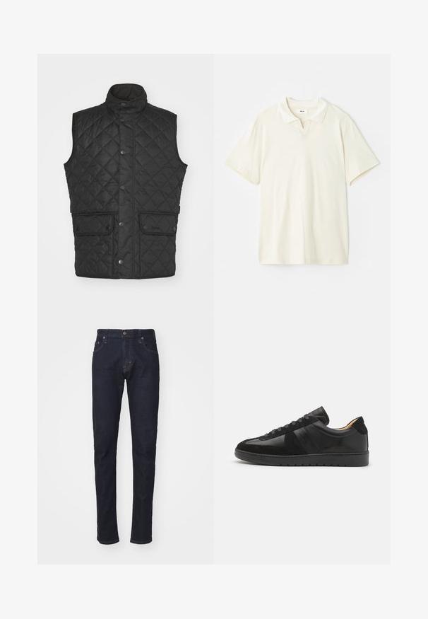 Schwarze, gesteppten Weste mit hohem Kragen, ausgestattet mit zwei Fronttaschen und Druckknopf-Verschlüssen, gefertigt aus einem glatten, leichten Material.; Cremefarbenes Poloshirt mit klassischem Kragen, kurzen Ärmeln und leichtem V-Ausschnitt am Hals. Glatte Textur und minimales Design.; Dunkelblaue Denim-Jeans mit schlankem Schnitt, Fünf-Taschen-Design und Knopfverschluss. Verfügt über kontrastierende Nähte und eine gerade Beinform.; Tiger of Sweden BELLICU - Sneaker low - black