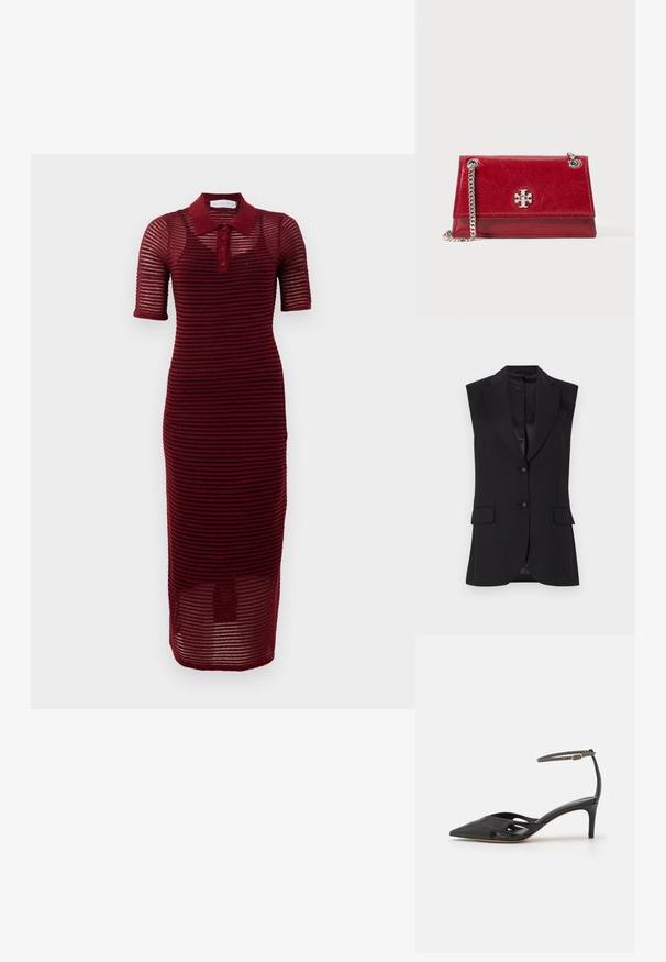 Sort ærmeløs blazer med slagkrave, to frontlommer og enkeltknaplukning. Glat tekstur og skræddersyet design.; Bordeaux polo kjole med korte ærmer, præget af et stribet design, knaplukning og midi-længde, lavet af letvægtsstof.; Sort læder højhælet sko med spids tå, åbne sider og en tynd ankelrem med en lille guld detalje.; Rød læder crossbody taske med en sølv kædetras og sølv logoemblemet på forsiden af klappen, sat mod en hvid baggrund.