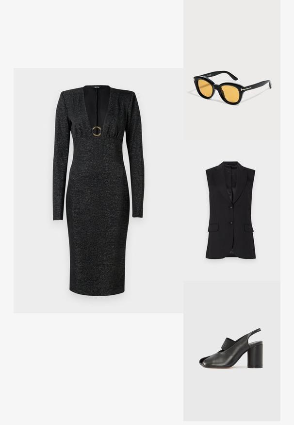 Blazer sans manches noir avec revers cranté, deux poches avant et fermeture à bouton unique. Texture lisse et design ajusté.; Robe midi ajustée à manches longues noire avec décolleté en V profond, buste froncé, tissu légèrement scintillant et boucle ronde dorée décorative au centre avant.; Escarpins noirs en cuir à bout ouvert avec un design arrondi, dotés d'un talon cylindrique épais et d'une bride élastique pour un maintien sécurisé.; Lunettes de soleil noires à monture ronde avec verres jaunes et accents dorés en forme de T sur les branches, présentées sur un fond neutre.
